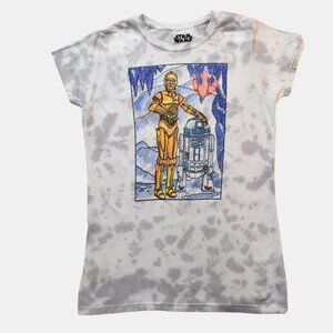 Star Wars Juniors C3PO R2-D2 Scribble Print White/Gray Tie Dye Shirt New